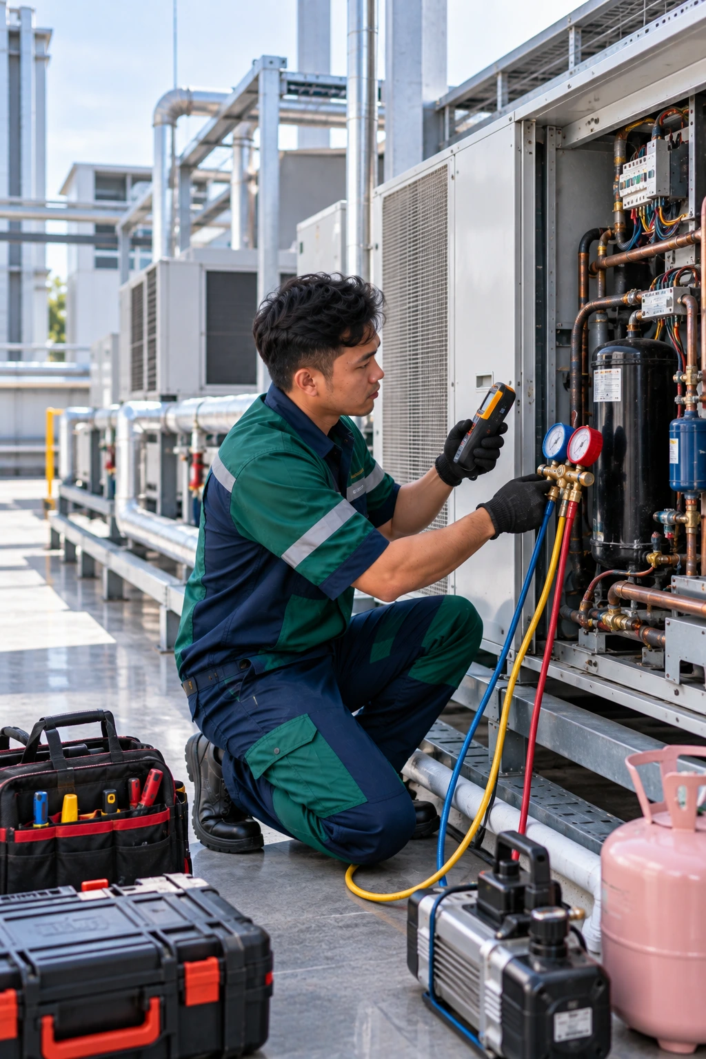 Teknisi melakukan troubleshooting AC