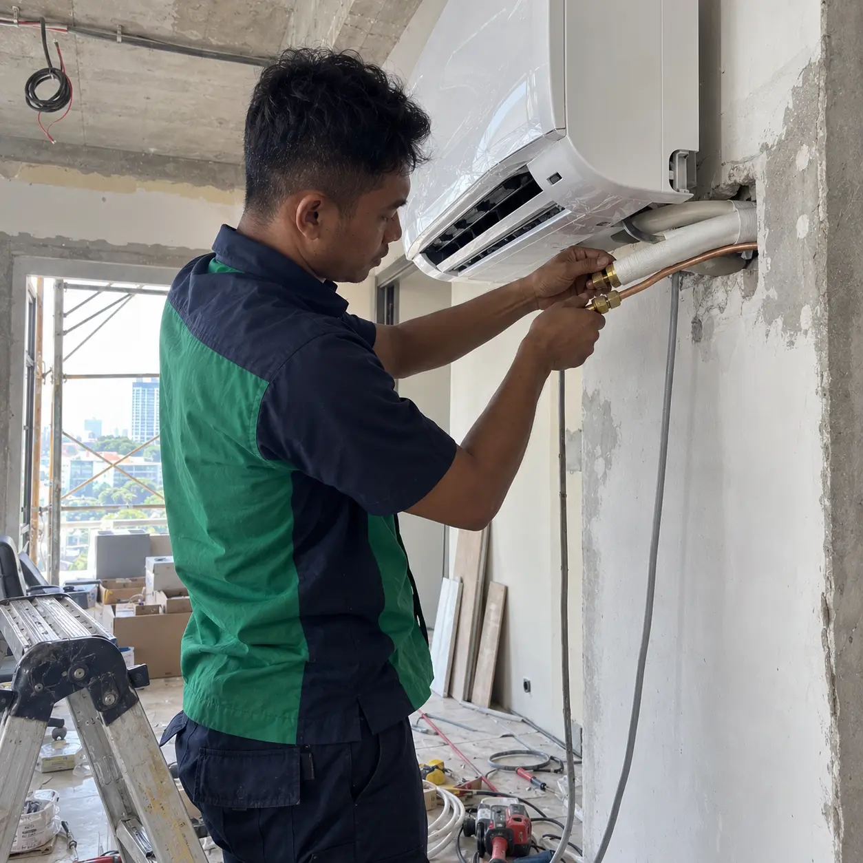 Teknisi mengerjakan instalasi AC