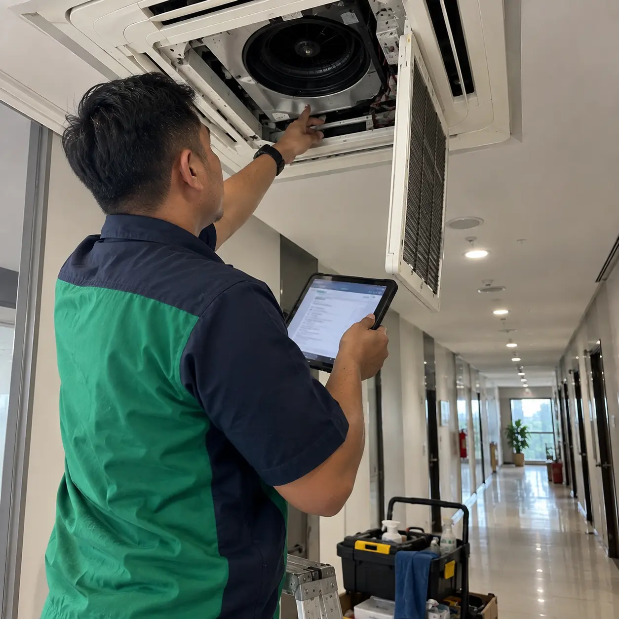 Teknisi melakukan preventive maintenance AC
