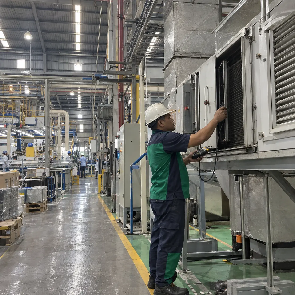 Teknisi melakukan maintenance AC di area pabrik